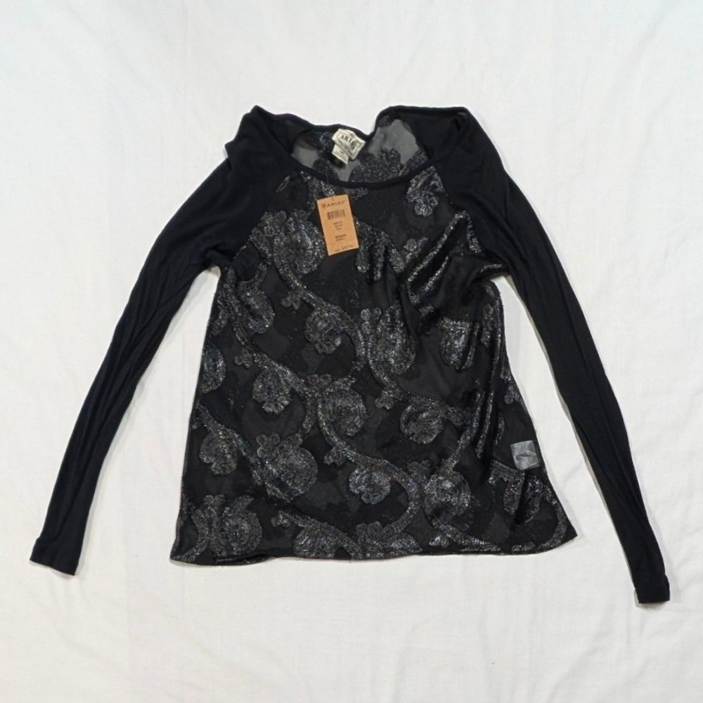 Ariat Metalie Top Black Metallic Silver Burnout Mesh Sheer Long Sleeve Small